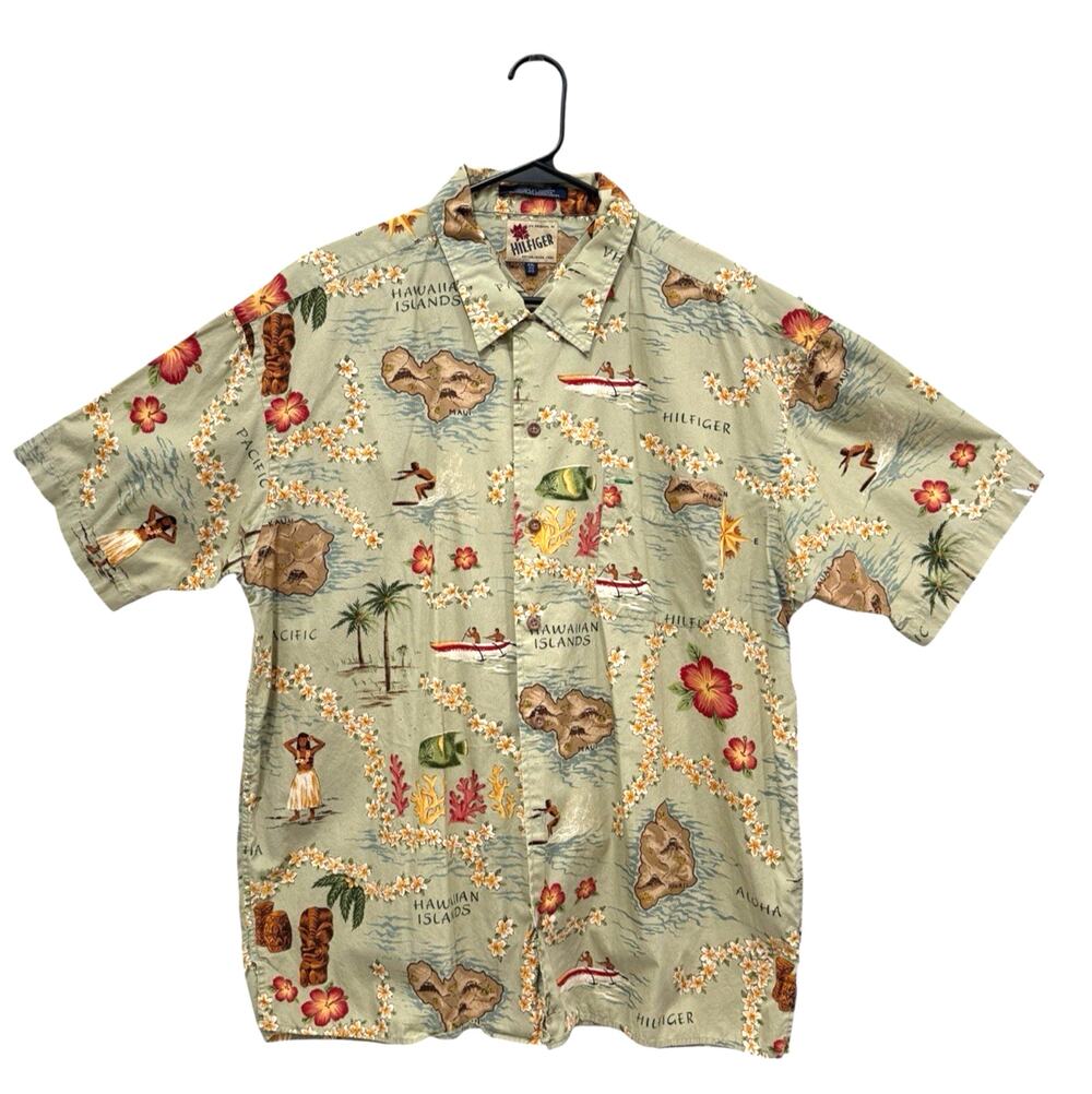 Tommy Hilfiger Shirt Mens Sz 2XL Pocket Hawaiian Islands Hula Green Camp Cotton